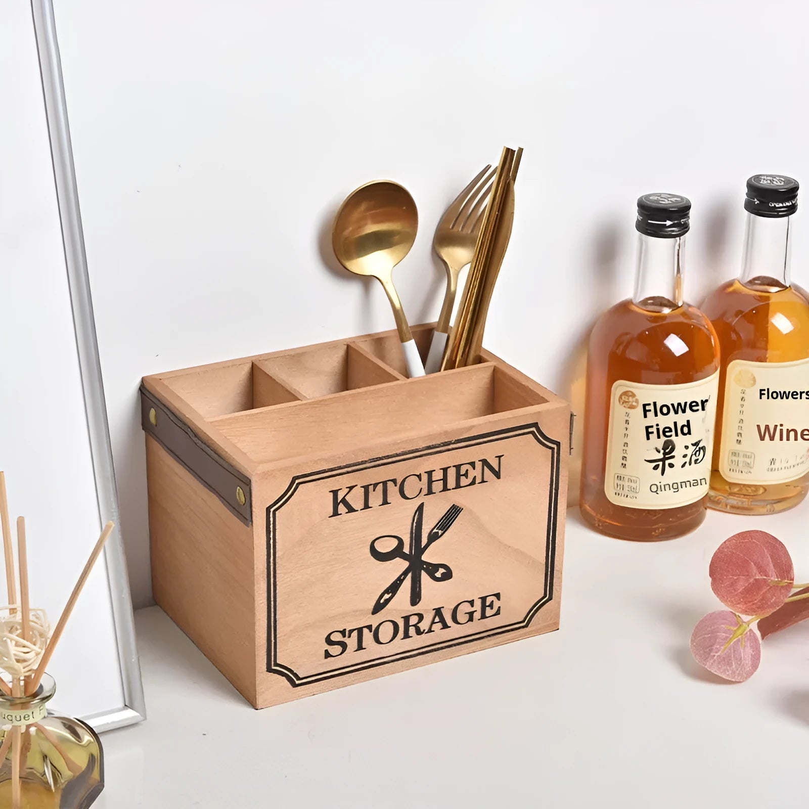 Solid colour wooden kitchen storage box for knives forks chopsticks with internal grid divider