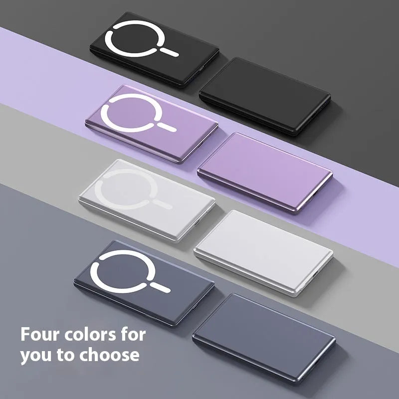 Ultra-thin magnetic power bank with alloy casing in black, grey, silver, or violet