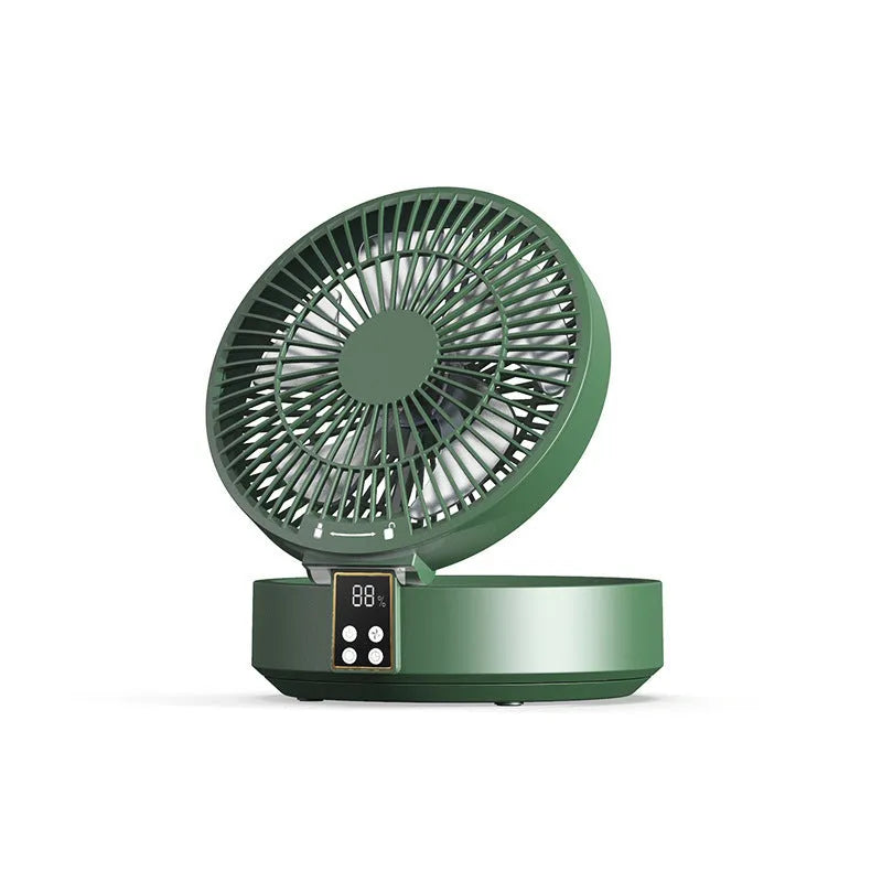 White portable folding fan with remote control, night light, and USB charging cable