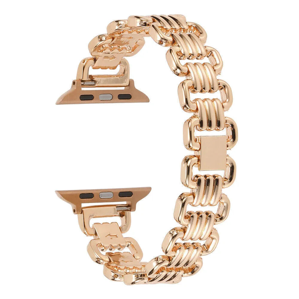 Silver alloy metal replacement bracelet strap for Apple Watch on a table.