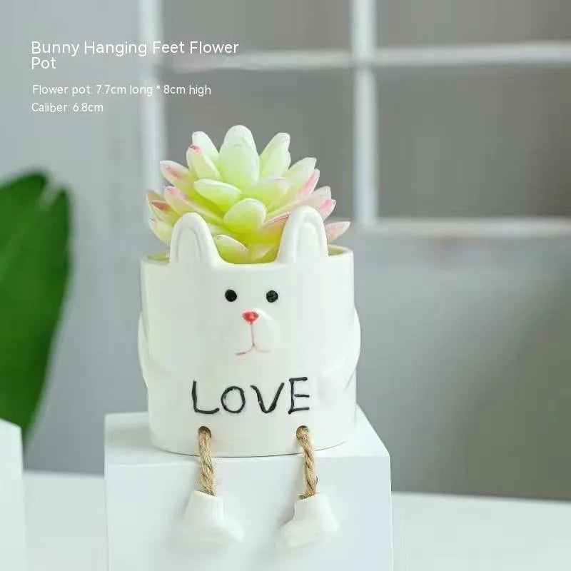 Ceramic hanging foot flowerpot for succulent plants in cartoon style with multiple colour options