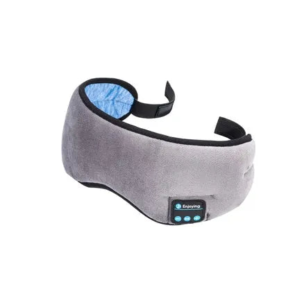 Black Bluetooth sleep mask headphones showing soft eye mask with integrated flat earphones and adjustable strap.