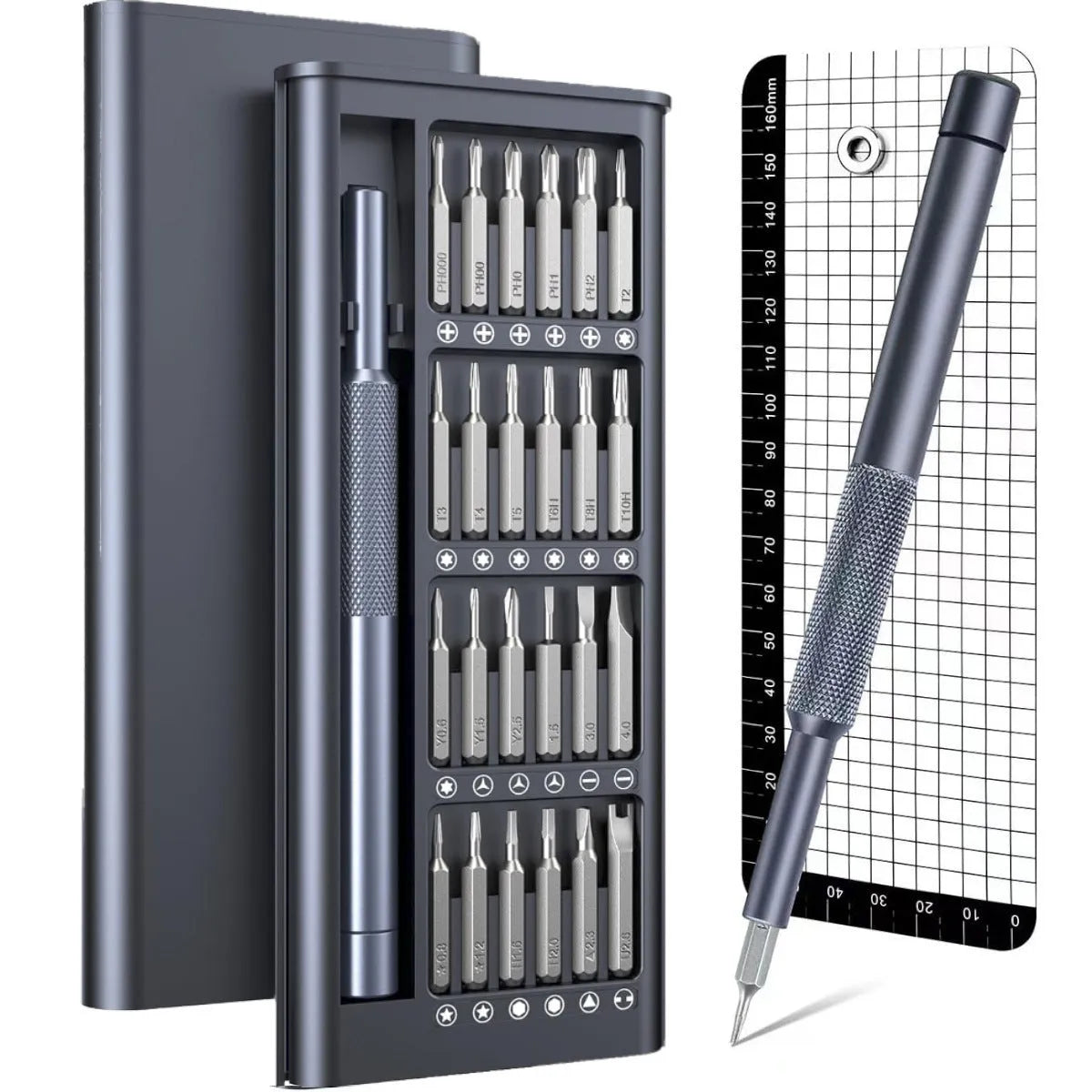 25-in-one precision screwdriver set with magnetic tip and chrome vanadium steel bits on a white background.