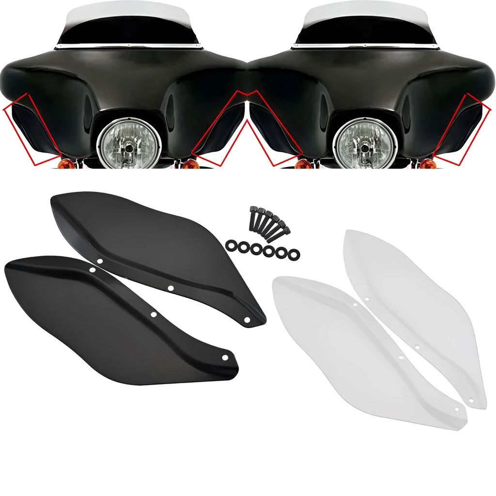 Pair of black and transparent ABS plastic side windshield head covers for Harley Davidson motorcycle.