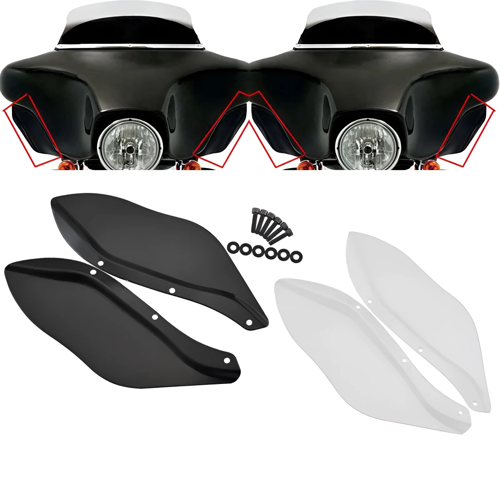 Pair of black and transparent ABS plastic side windshield head covers for Harley Davidson motorcycle.