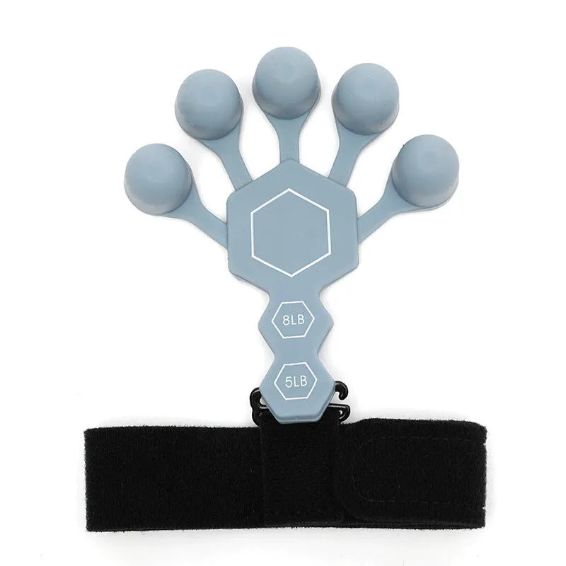 A black or grey silicone five-finger hand trainer for adult grip strength and rehabilitation.