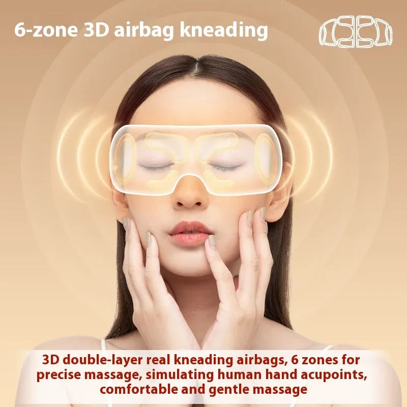White household eye massager with hot compress and airbag massage functions showing 140mm dimensions