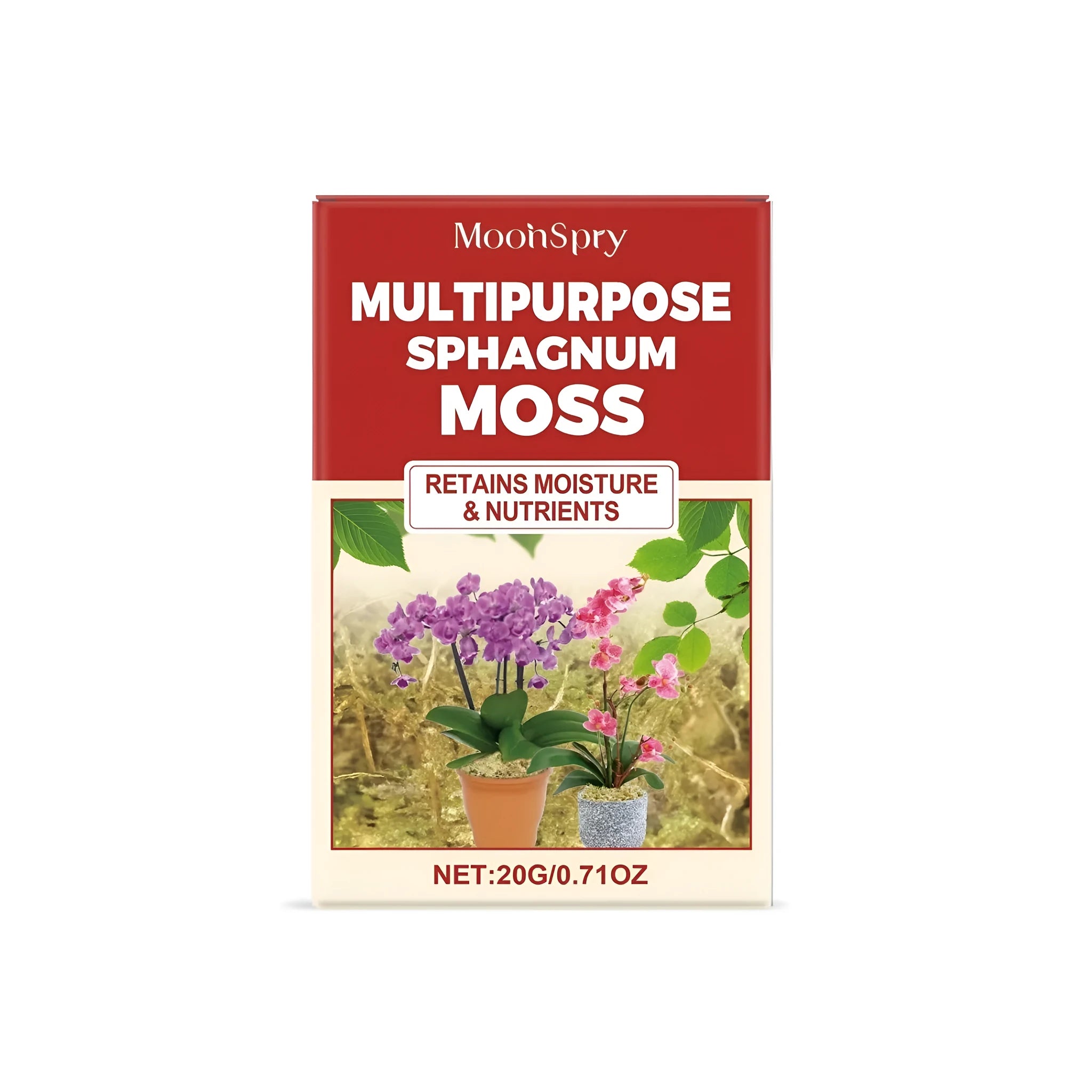 Sphagnum moss in 20g capacity bag for gardening and floral arrangement substrate