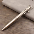 Retro brass tactical pen showing press bolt mechanism and cylindrical barrel in natural brass finish.