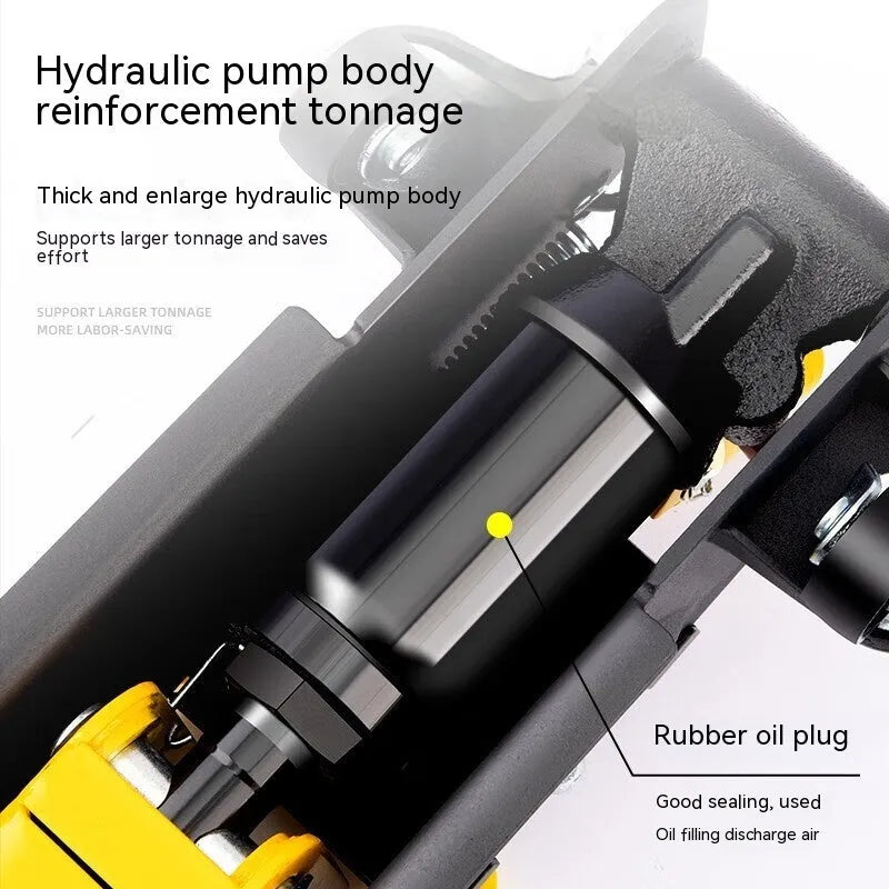 Horizontal hydraulic low-profile car jack with handle for tyre changing