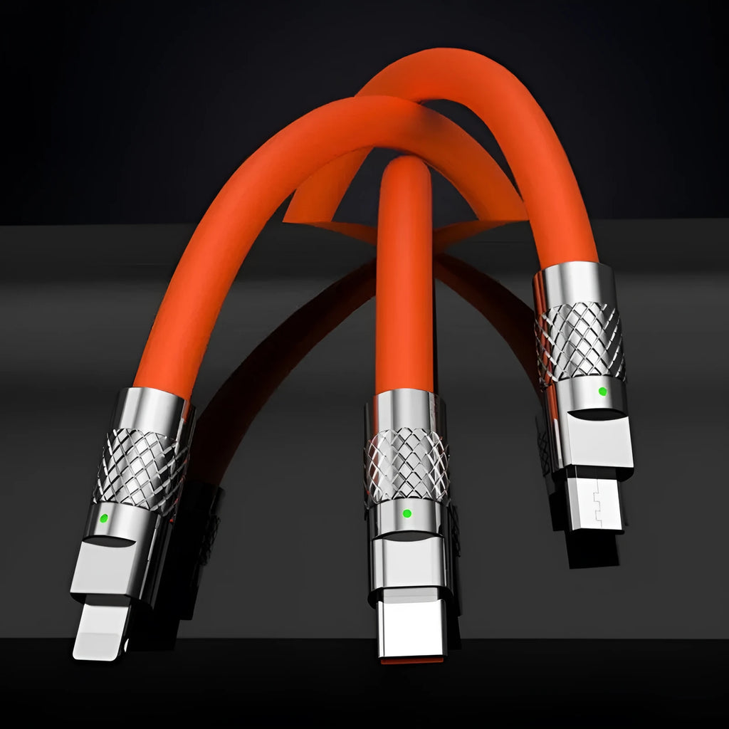 Orange silicone three-in-one charging cable for Android and Apple devices