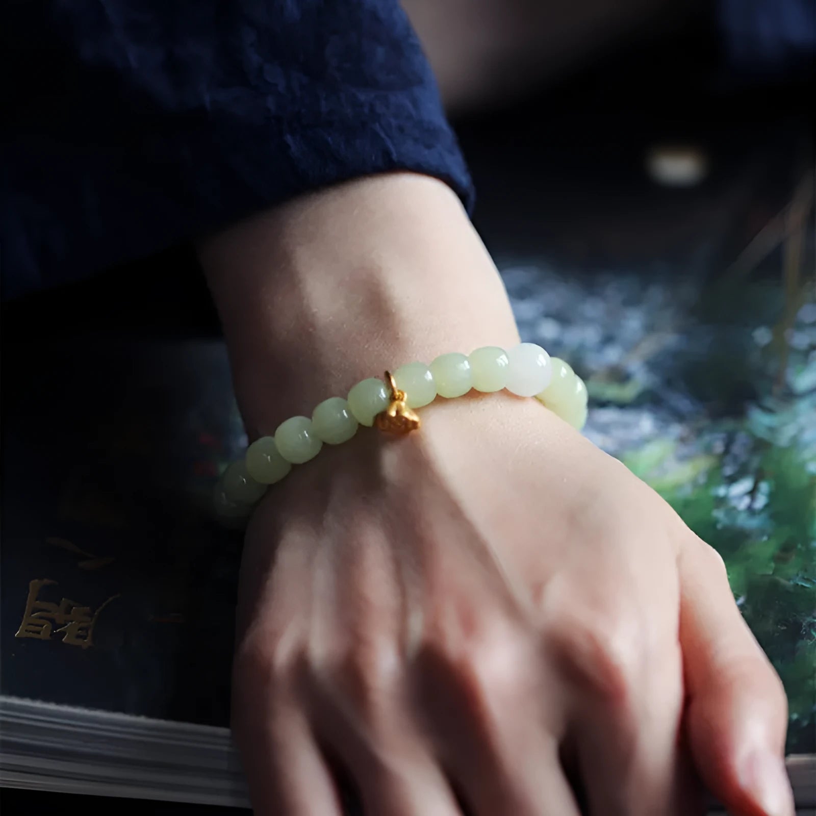 Green Hetian jade bracelet with vintage beads in ethnic style design for women