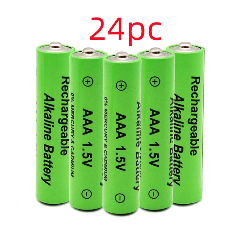 Green alkaline rechargeable AA battery with 3000mAh capacity and 1.5V rating.