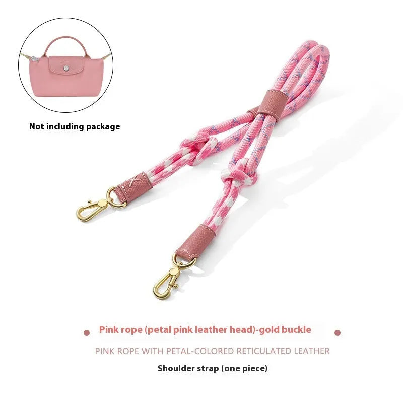 Braided nylon rope shoulder strap with cowhide leather accents and an alloy buckle.