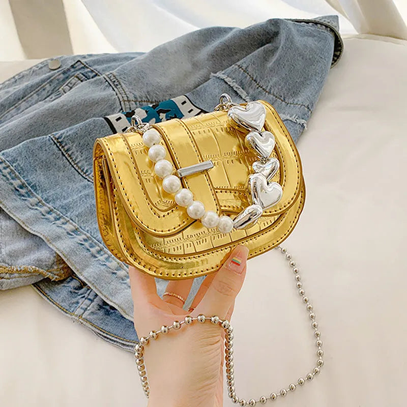 Silver laser pearl women's crossbody bag with square shape and adjustable strap