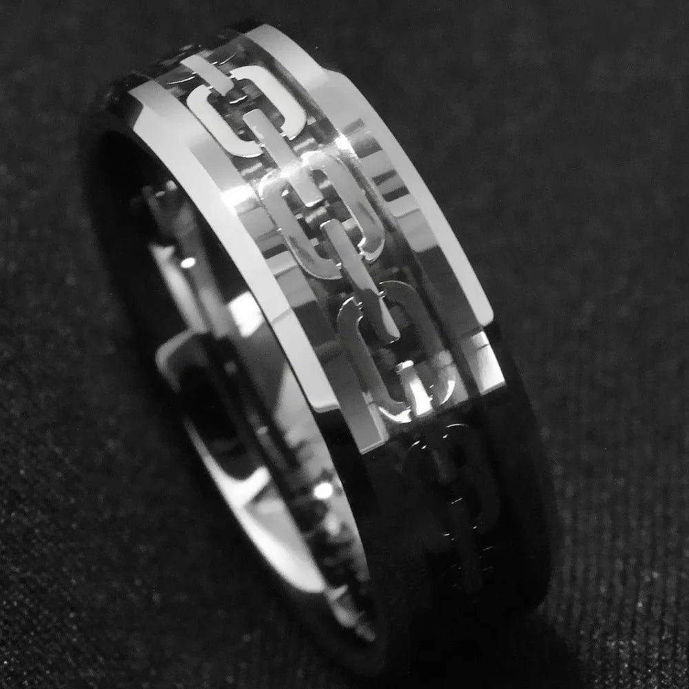 Men's stainless steel geometric cutout chain ring in chain ring colour, sizes 6 to 13, not inlaid