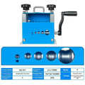 SD-017 manual wire stripping machine on a workbench, showing adjustable blades for cables from 0.5mm to 17mm diameter.