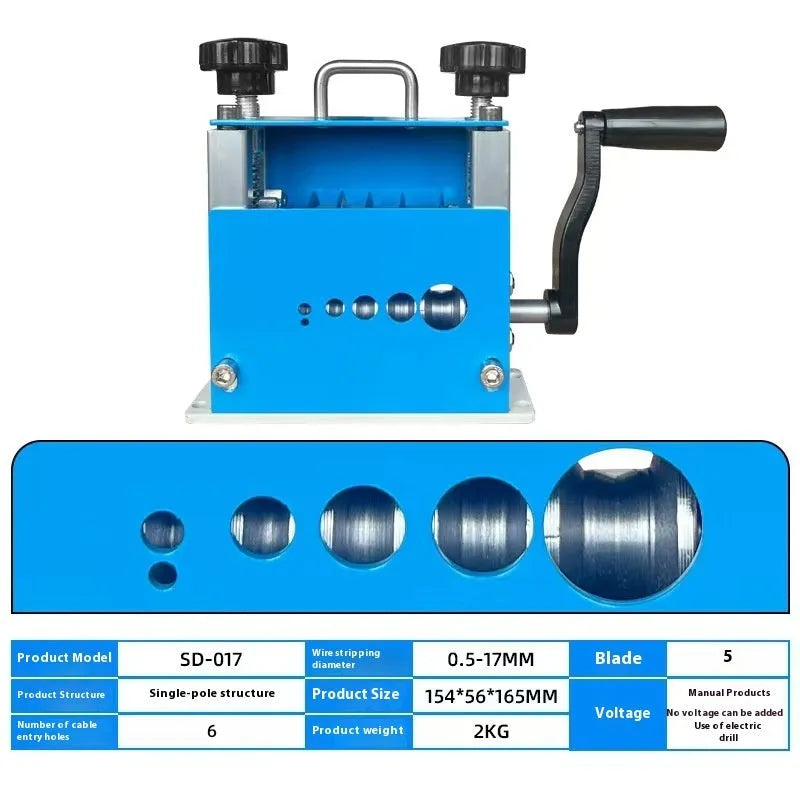 SD-017 manual wire stripping machine on a workbench, showing adjustable blades for cables from 0.5mm to 17mm diameter.