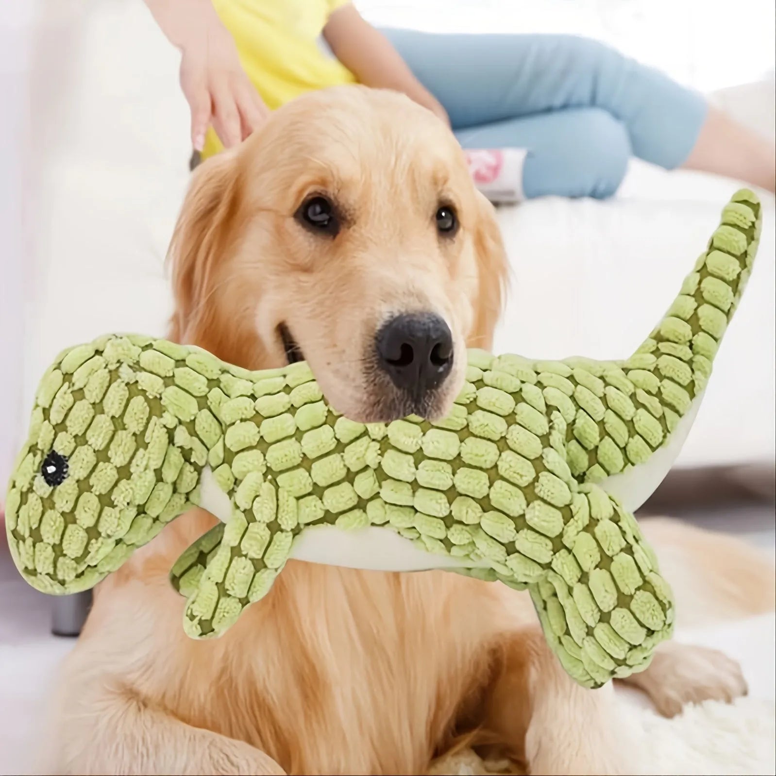 Dog toy with sound element in grey, green, or orange colours for boredom relief and chewing resistance