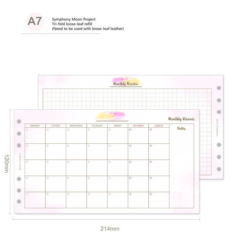 Loose-leaf refill sheets for planners in A7, A6, and A5 sizes showing floral and schedule layouts