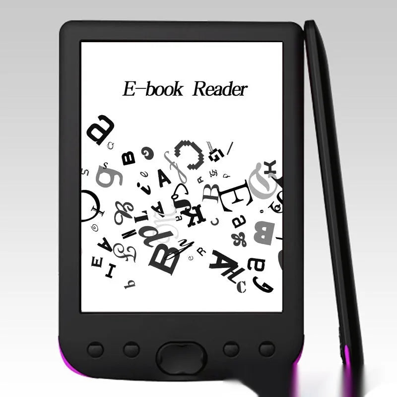Black 6-inch e-book reader with E-ink screen showing book text display
