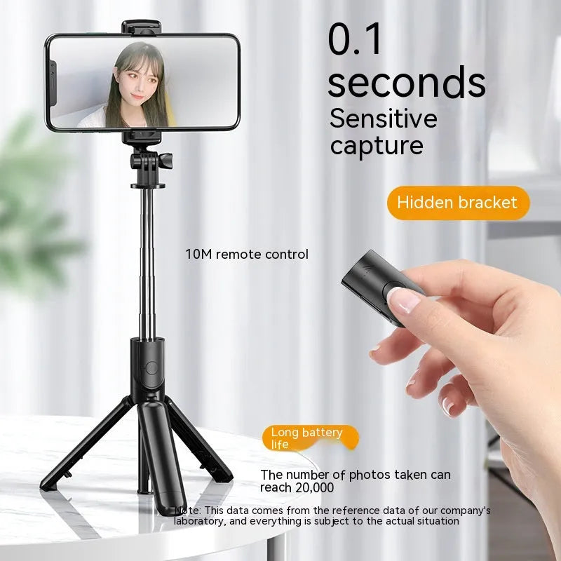 Black plastic wireless Bluetooth selfie stick with fill light and floor tripod universal phone holder