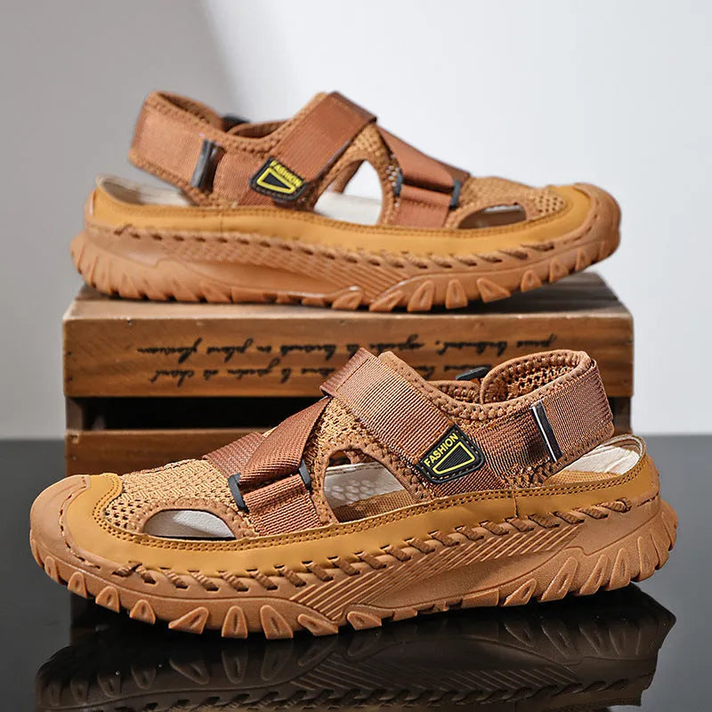 Men's casual leather sandals with mesh lining in grey, wheat, or milk tea colour on a rubber sole