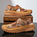 Men's casual leather sandals with mesh lining in grey, wheat, or milk tea colour on a rubber sole