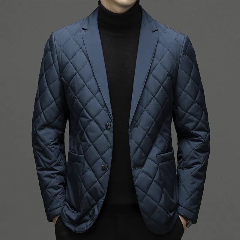 Men's black lapel cardigan-style down jacket with side seam pockets.