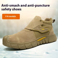 Brown leather labour protection safety shoes with a rubber sole, shown on a work site background.