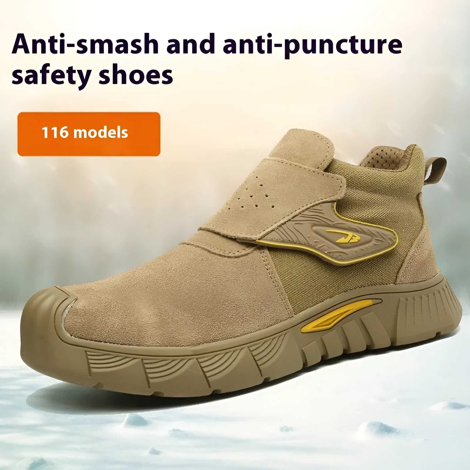 Brown leather labour protection safety shoes with a rubber sole, shown on a work site background.
