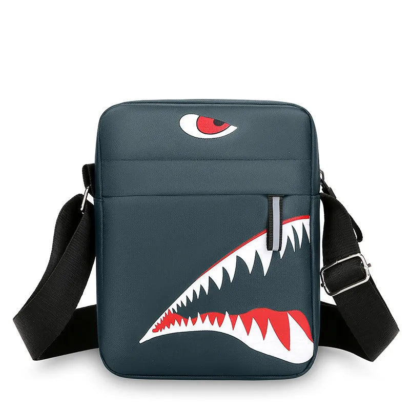 Men's small black Oxford cloth crossbody bag with animal print design and shoulder strap