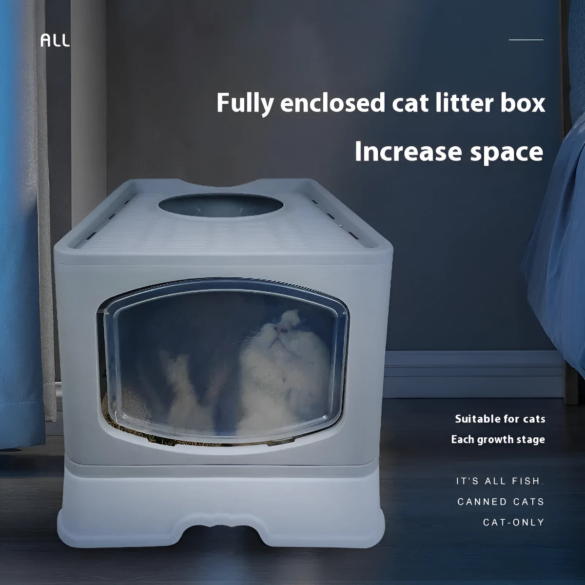 Folding enclosed cat litter box in ABS and PP, 51 x 41 x 44 cm, available in blue, pink, or grey.