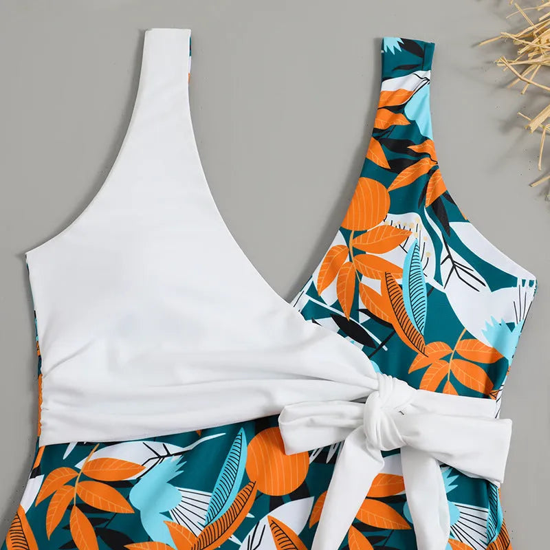 Women's high-waist one-piece bikini with printed pattern in quick-dry polyester fabric