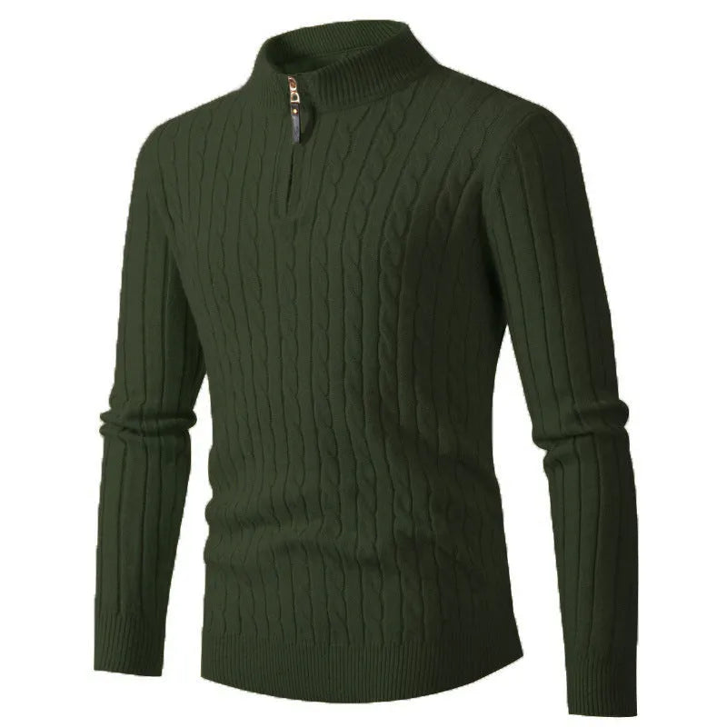 Men's thick twist jacquard sweater with half-zip high collar in grey, cotton blend and rabbit fur, long sleeve winter pullover