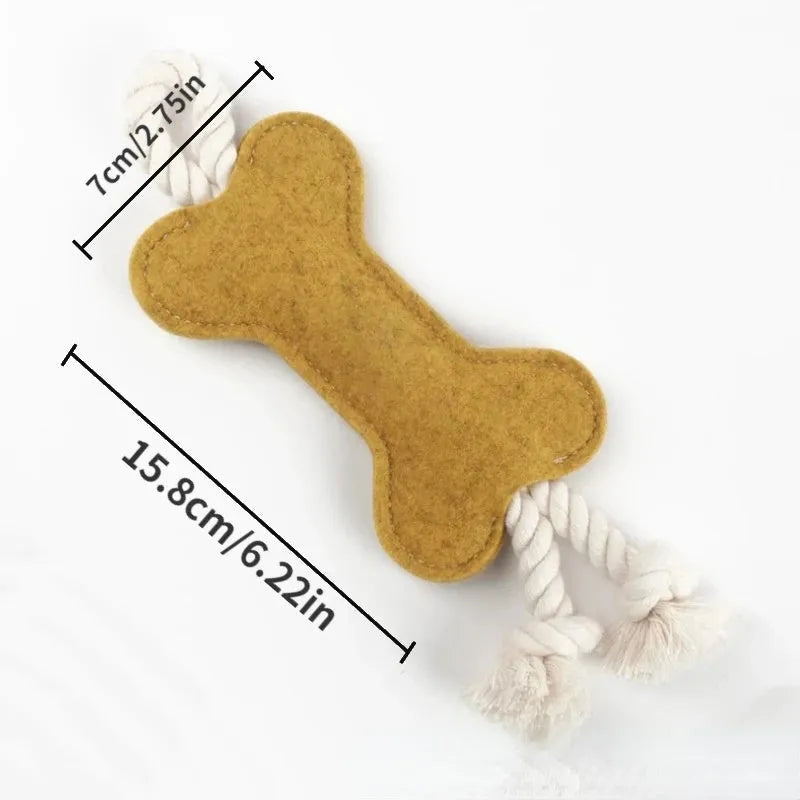 Felt bone shaped dog toy with rope knots in blue colour showing dimensions