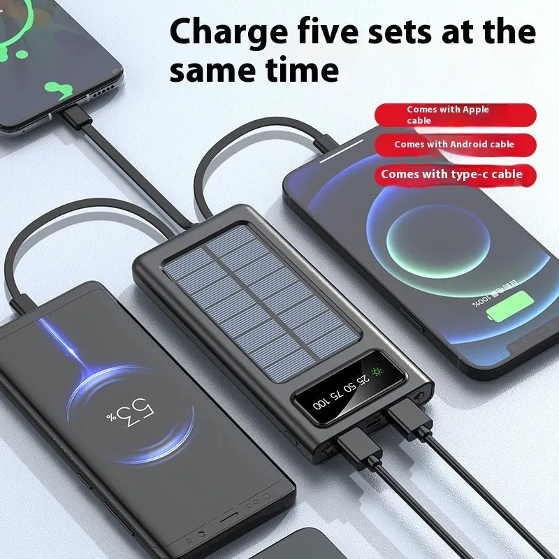 Black or white 20000mAh solar power bank with cable, showing creative design and portable size