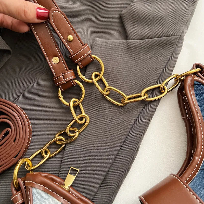 Brown denim women's shoulder bag with diamond chain detail and bucket shape