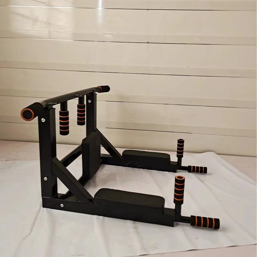 Black wall-mounted fitness equipment with sandbag rack and parallel pull-up bars