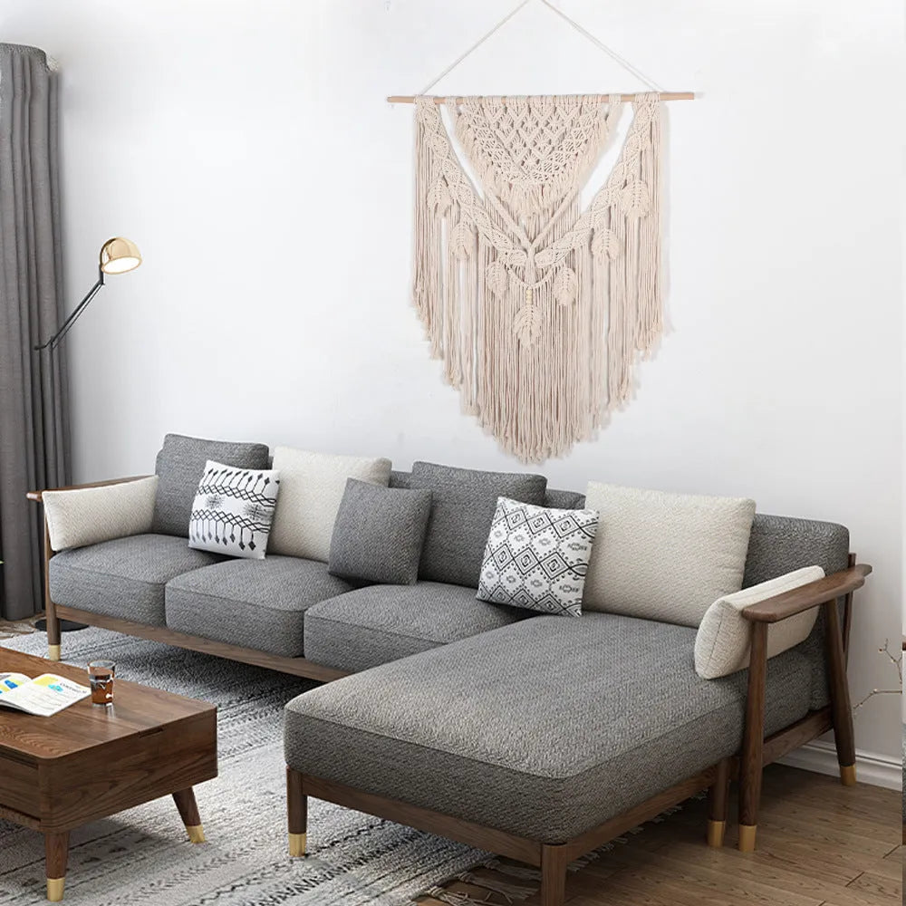 Hand woven beige cotton tapestry 115x100cm for living room wall decor with modern simple style