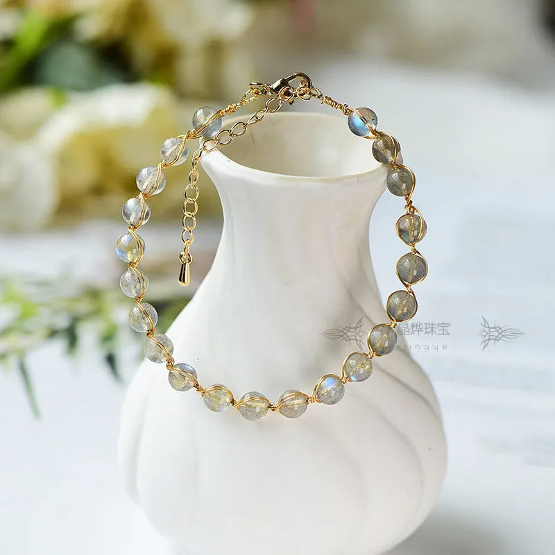 Women's bracelet with 6mm blue moonstone beads and 14K gold plating