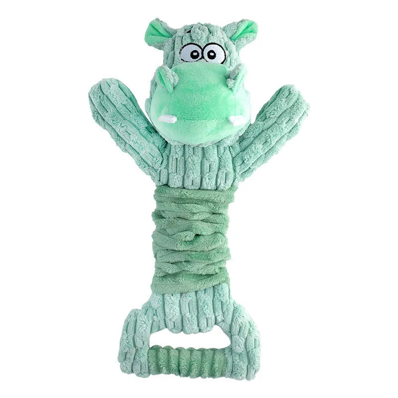 Large plush squeaky dog toy with a handle, shown in Hippo and Monkey designs on a plain background.