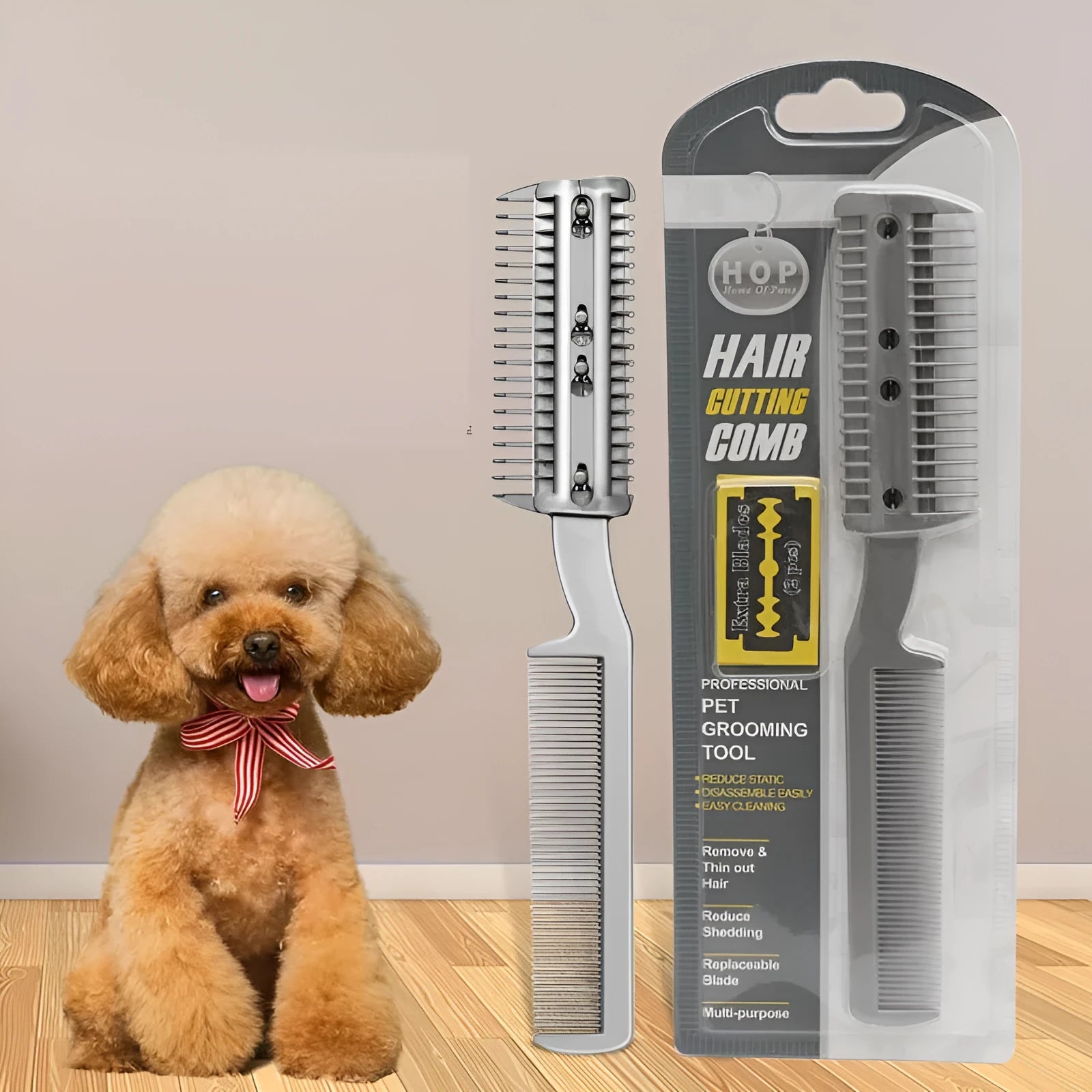Plastic dog hair cleaning comb with spare blade in blister packaging for pet grooming