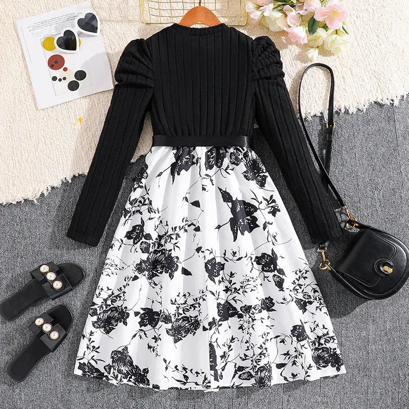 Girls' long sleeve knitted princess dress with retro floral patchwork print, black or graphite, sizes 130cm to 170cm.