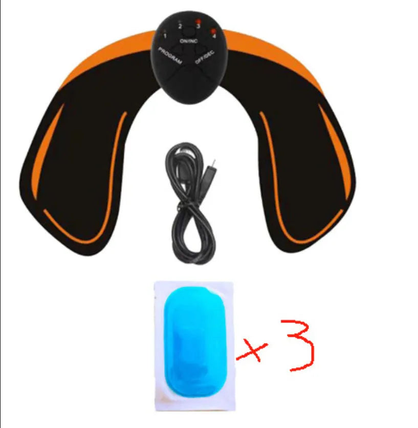 Compact black EMS muscle stimulator unit with conductive gel pads for abdominal and buttock toning