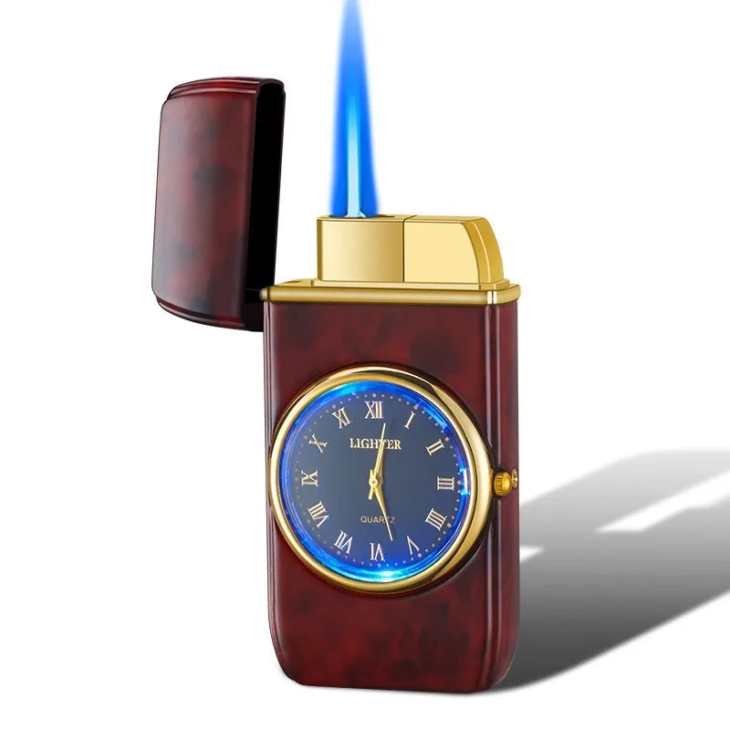 Electronic watch gas lighter with LED flash in black brushed metal finish.