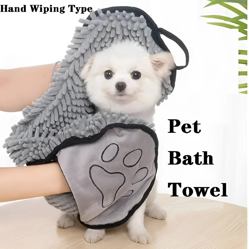 Blue microfibre pet bath towel for drying dogs and cats, showing robe-style design