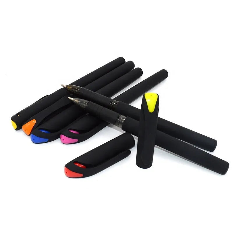 Ten plastic gel pens in various colours showing 14cm length with black ink refills