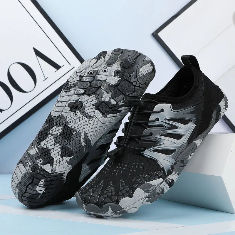Men's and women's quick-drying lace-up beach wading shoes in various colours on a non-slip rubber sole.