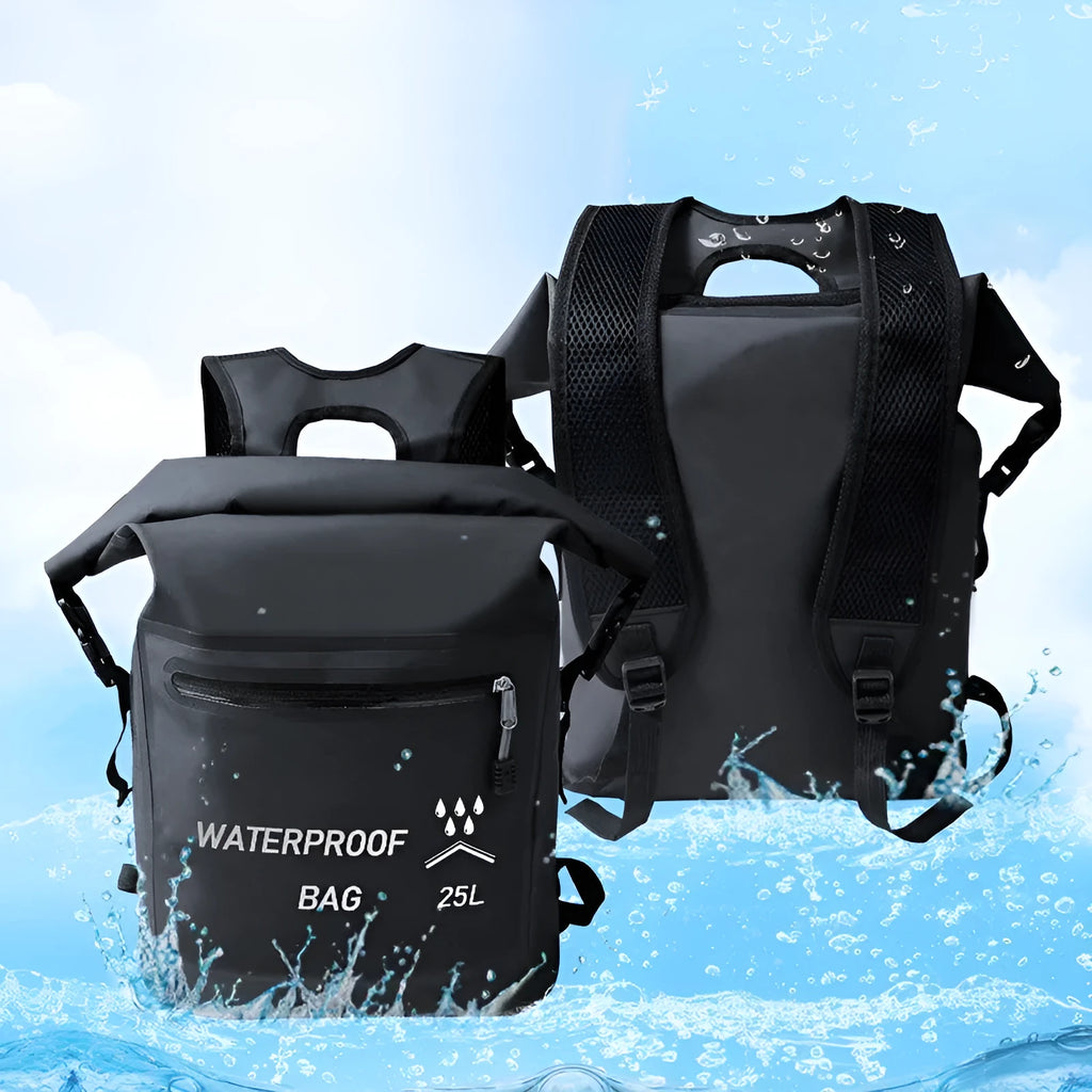 Black 25-litre waterproof outdoor backpack with a mesh clip for water sports.